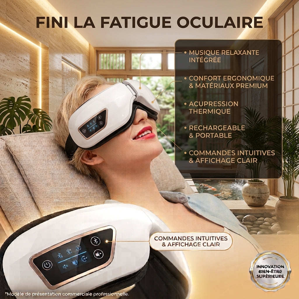 Détail des fonctions chaleur et Bluetooth du masseur oculaire Neyria
